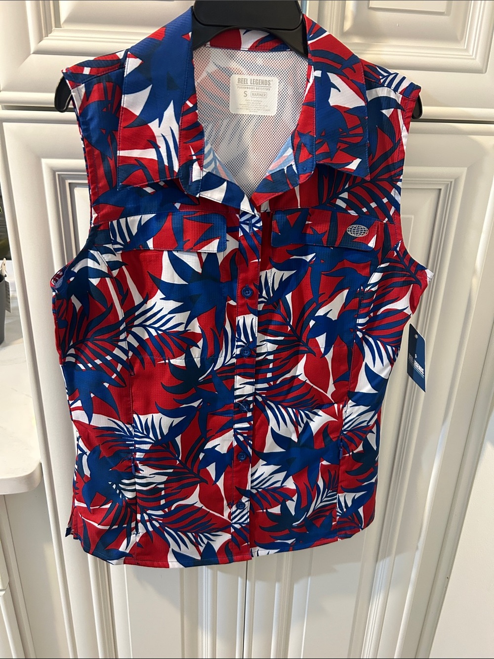 Reel Legends Sleeveless Button-Front Tropical Top - Red, Blue, White